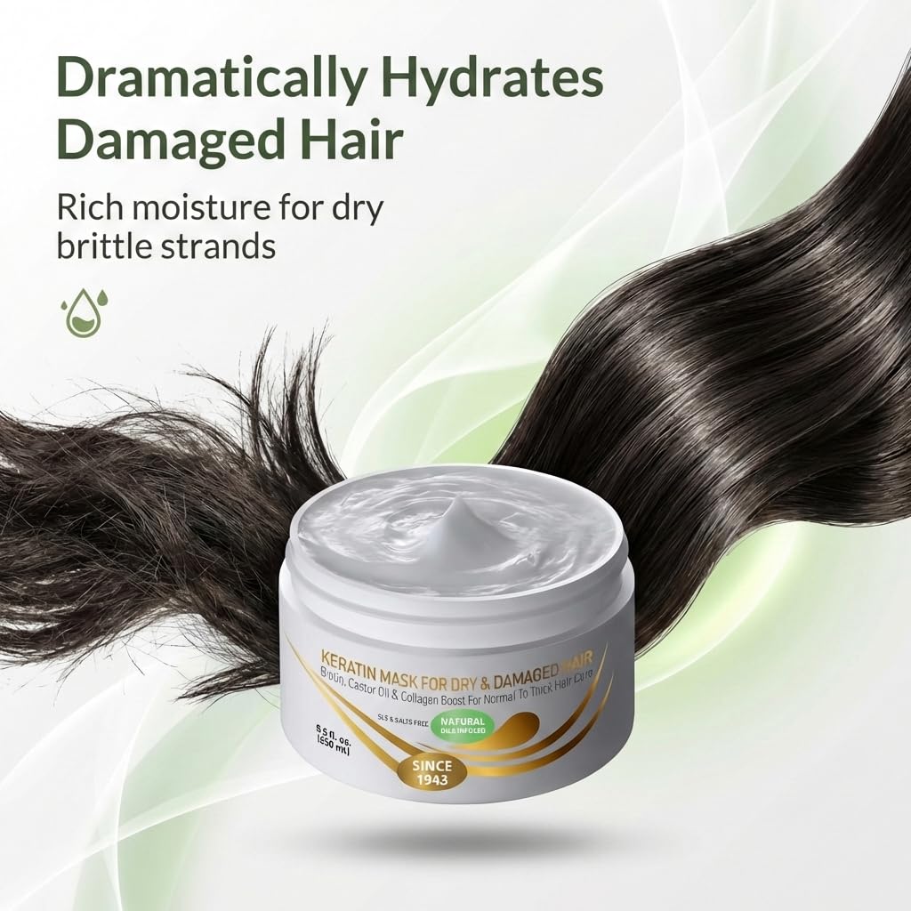 VITAMINS hair cosmetics Keratin Hair Mask Deep Conditioner for Dry Damaged Hair - Biotin, Collagen & Castor Oil Deep Conditioning, Repairs Split Ends & Restores Shine - For Thick Locks