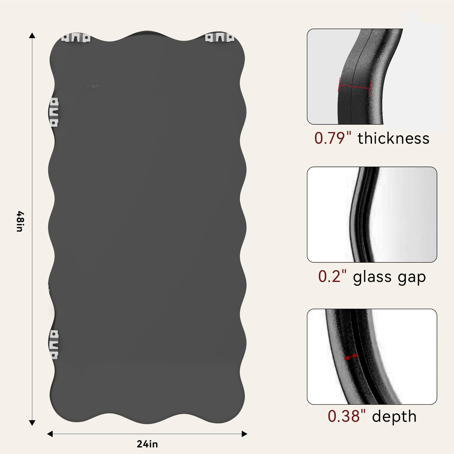 PROHOMEWARE 24 * 48" Black Bathroom Mirror for Wall,Wavy Rectangular Mirror,Vanity Mirror,Bathroom Mirrors for Wall-Mounted Metal Frame Mirror for Bedroom Entryway Living Room Farmhouse (Black)