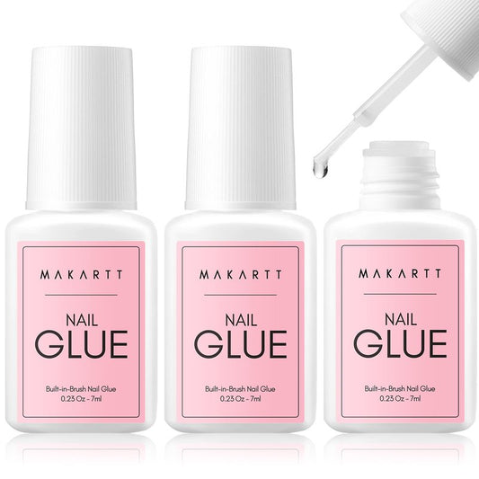 Makartt Super Strong Nail Glue for Acrylic Nails: 7ML 3 Pcs Brush on Nail Glue for Nail Tips Press On Nails Ultra Quick, No UV Lamp, Long-Lasting Hold for Nail Tips, Quick At-Home Manicure