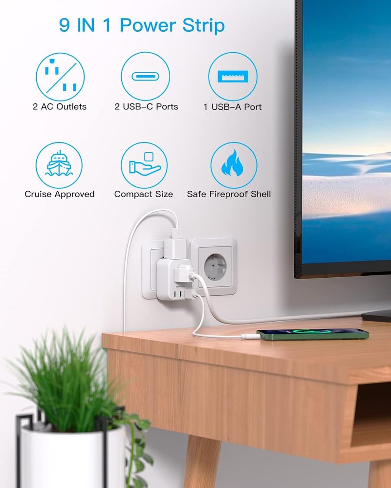 Travel Plug Adapter - USB C International Converter for Europe | 2 Outlets & 3 USB Ports for Italy, Spain, France, Germany