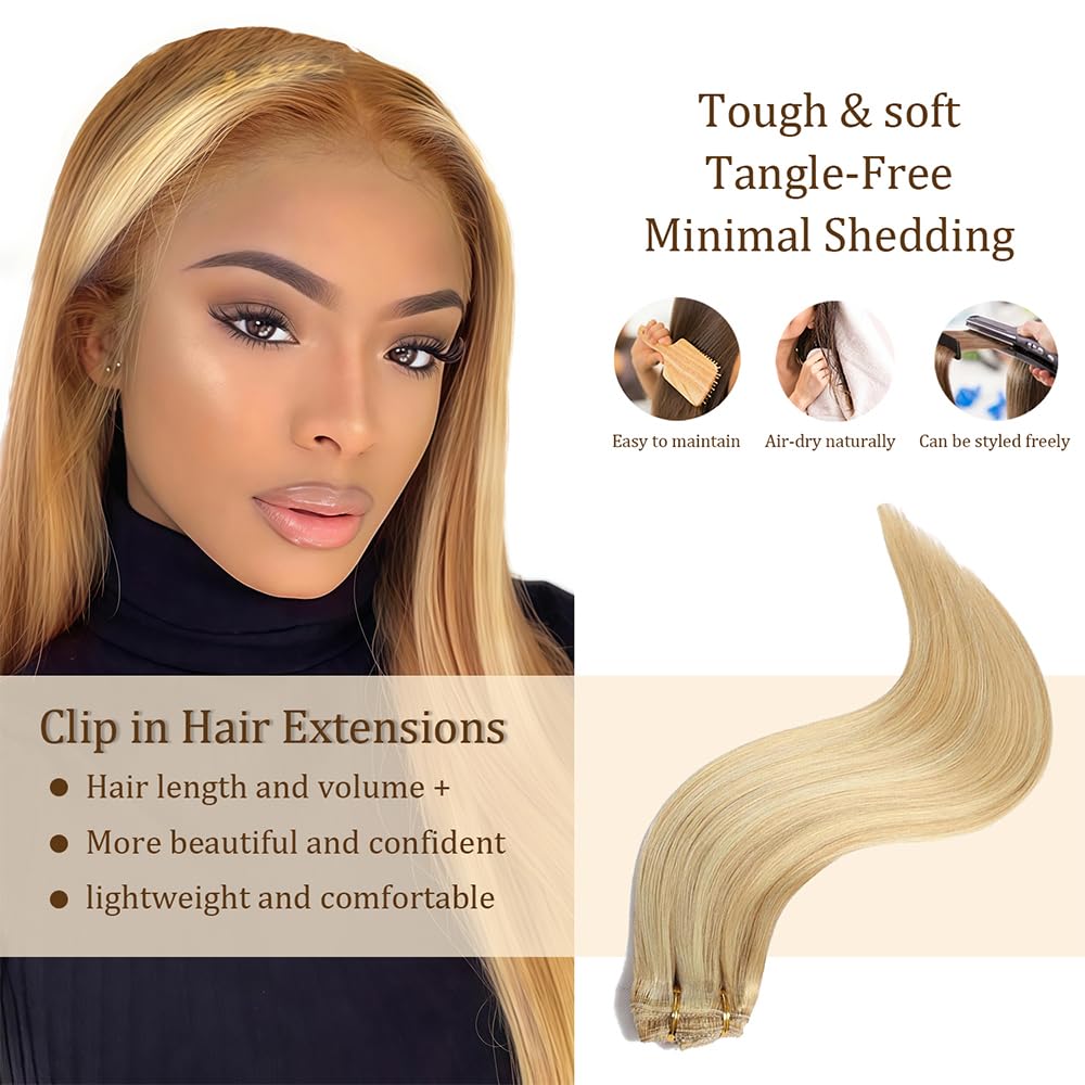 P27613 Blonde Clip in Hair Extensions Real Human Hair, 14 Inch 120g/7Pcs,Full Shine Remy Human Hair,Honey Blonde Straight Clip ins Brazilian Virgin Human Hair Extensions