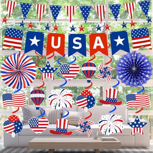 37 Pcs 4th of July Decorations Set - USA Banner, Paper Fans & Swirls