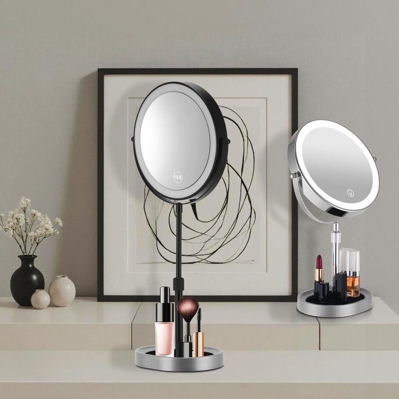 Adjustable-Height Rechargeable Makeup Mirror - 3 Color Lights, Touch Screen, 8'' Dual-Sided 1X/10X | 360° Rotation with Jewelry Tray