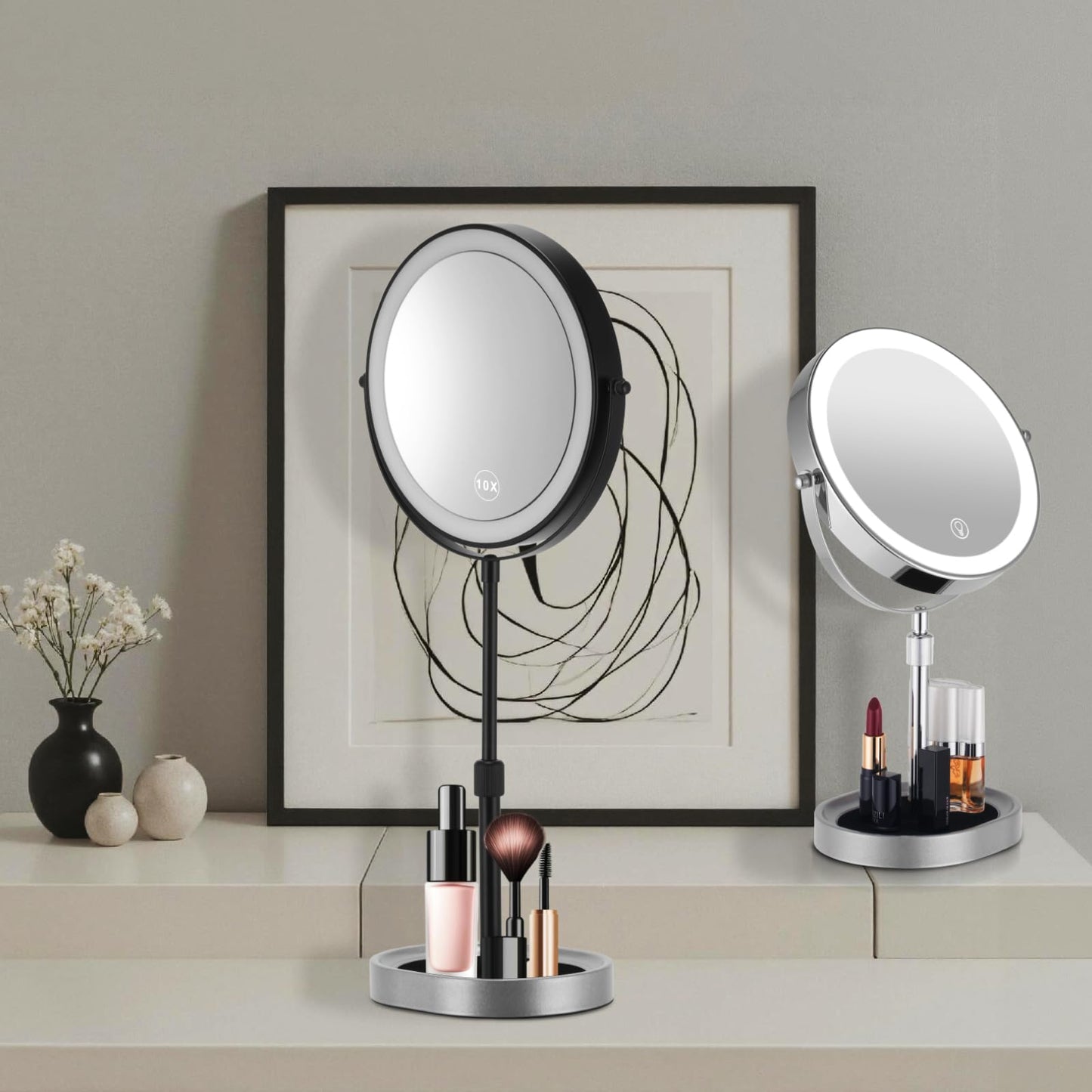 Rechargeable Adjustable-Height Makeup Mirror with 3 Color Lights,Touch Screen and Dimmable Settings,8'' Dual-Sided 1X/10X,360° Rotation Vanity Mirror with Jewelry Tray,Lighting Cosmetic Mirror