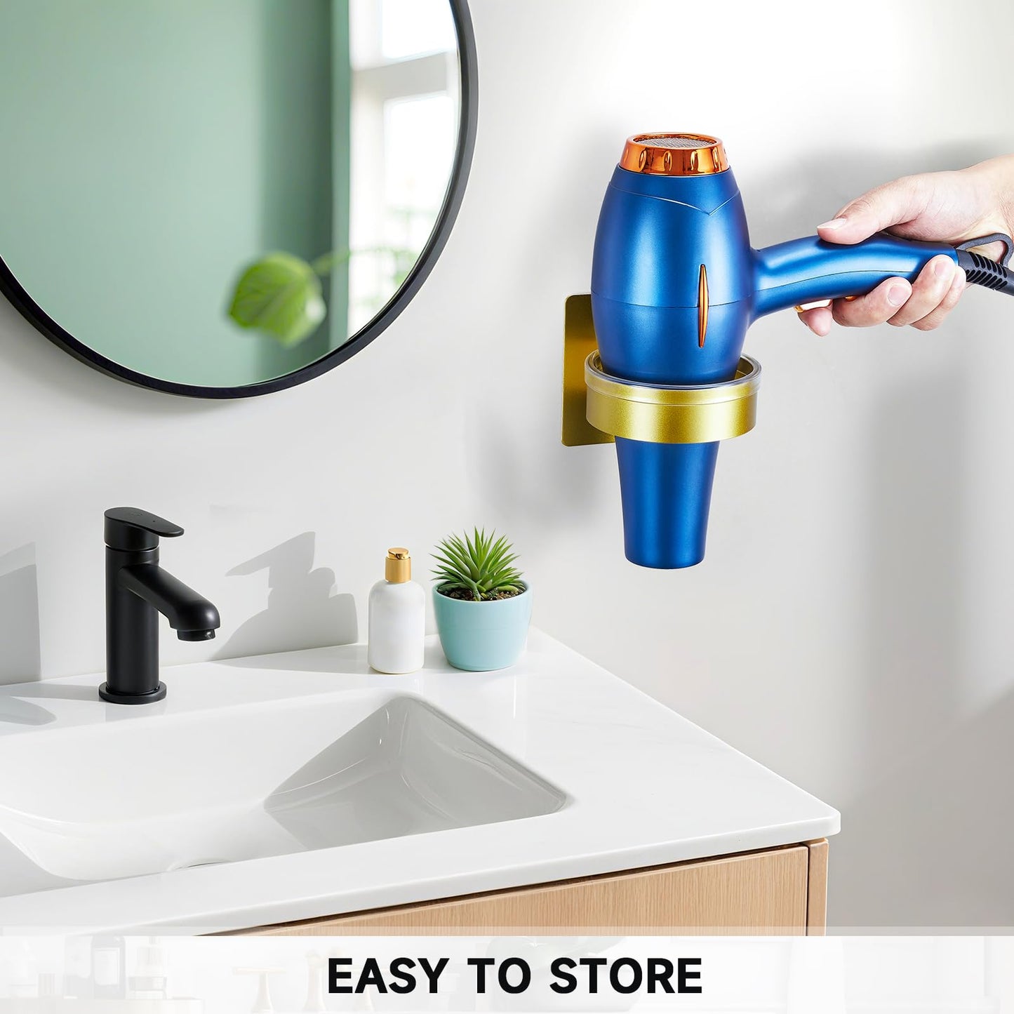 Oukimly Hair Dryer Holder Wall Mounted, Blow Dryer Holder, Hair Tool Organizer for Hair Dryer Storage Hanger, Adhesive Hairdryer Holder for Bathroom Barber Shop (Gold)