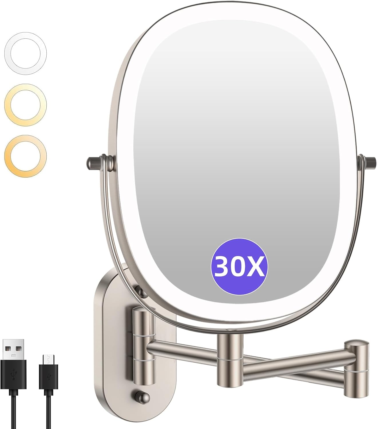 FUNTACH 30X/1X Wall Mounted Lighted Makeup Mirror - Rechargeable Double-Sided Magnifying Design | 3 Color Modes, 360° Rotation