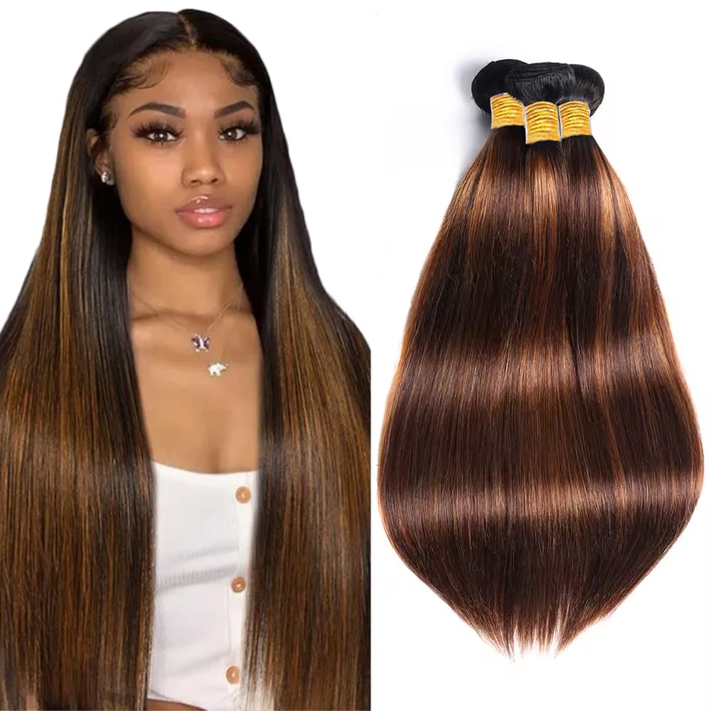 300g Freiuoke 24 26 28 Inch Light Brown Bundles Human Hair P4/30 Straight Bundle Brazilian Virgin Hair 3 Bundles Color 30 Bundle Human Hair Extensions