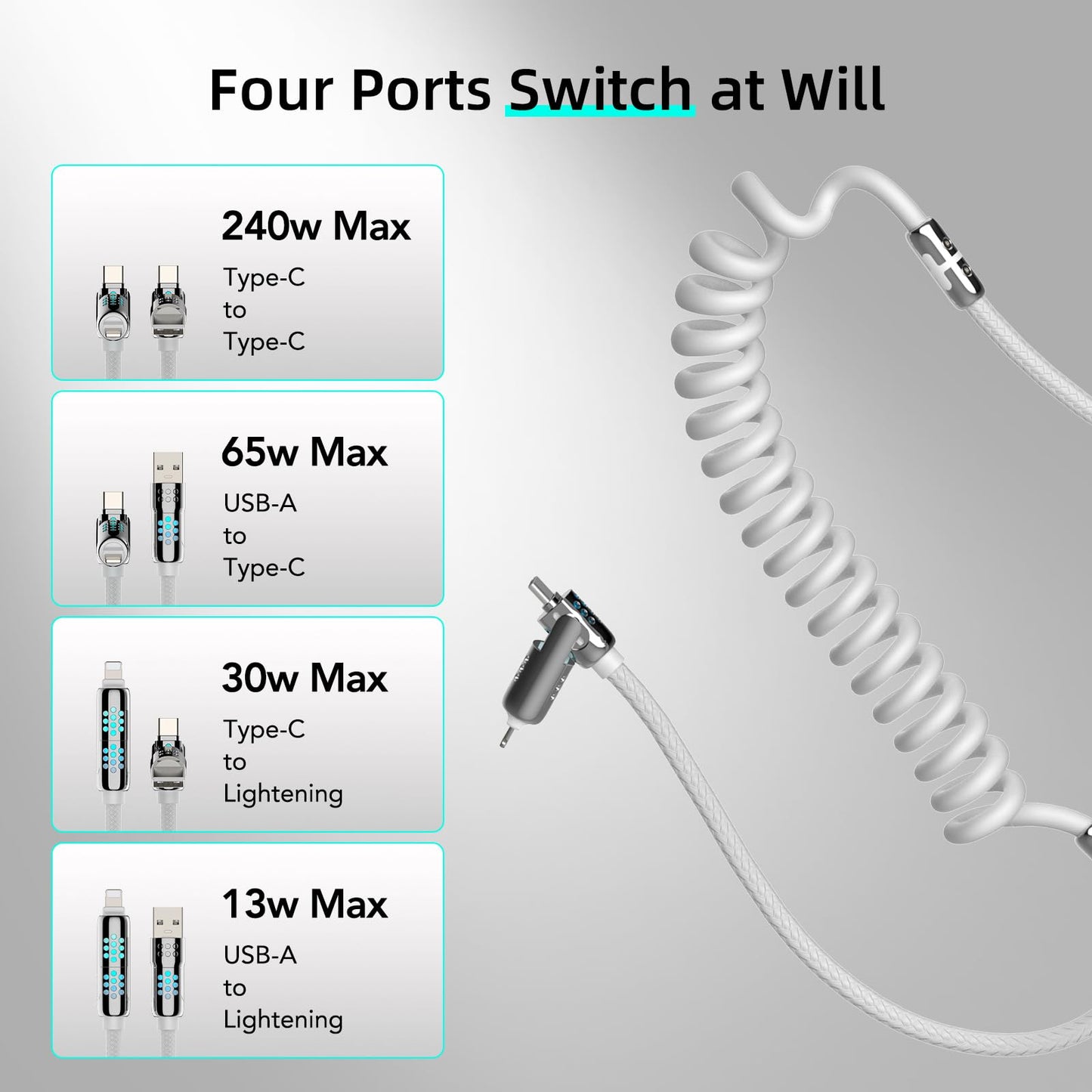 MFish 4-in-1 Coiled USB-C Charging Cable, 6 FT USB A to USB C Cable, 240W Fast Charger for iPhone 17/16/15 Pro Plus Pro Max, for iPad MacBook Pro/Air, Laptops - Multi Charger Cord with Lightning