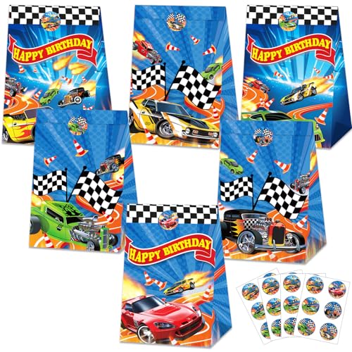24 Race Car Party Favor Bags with Stickers - Blue Racing Theme