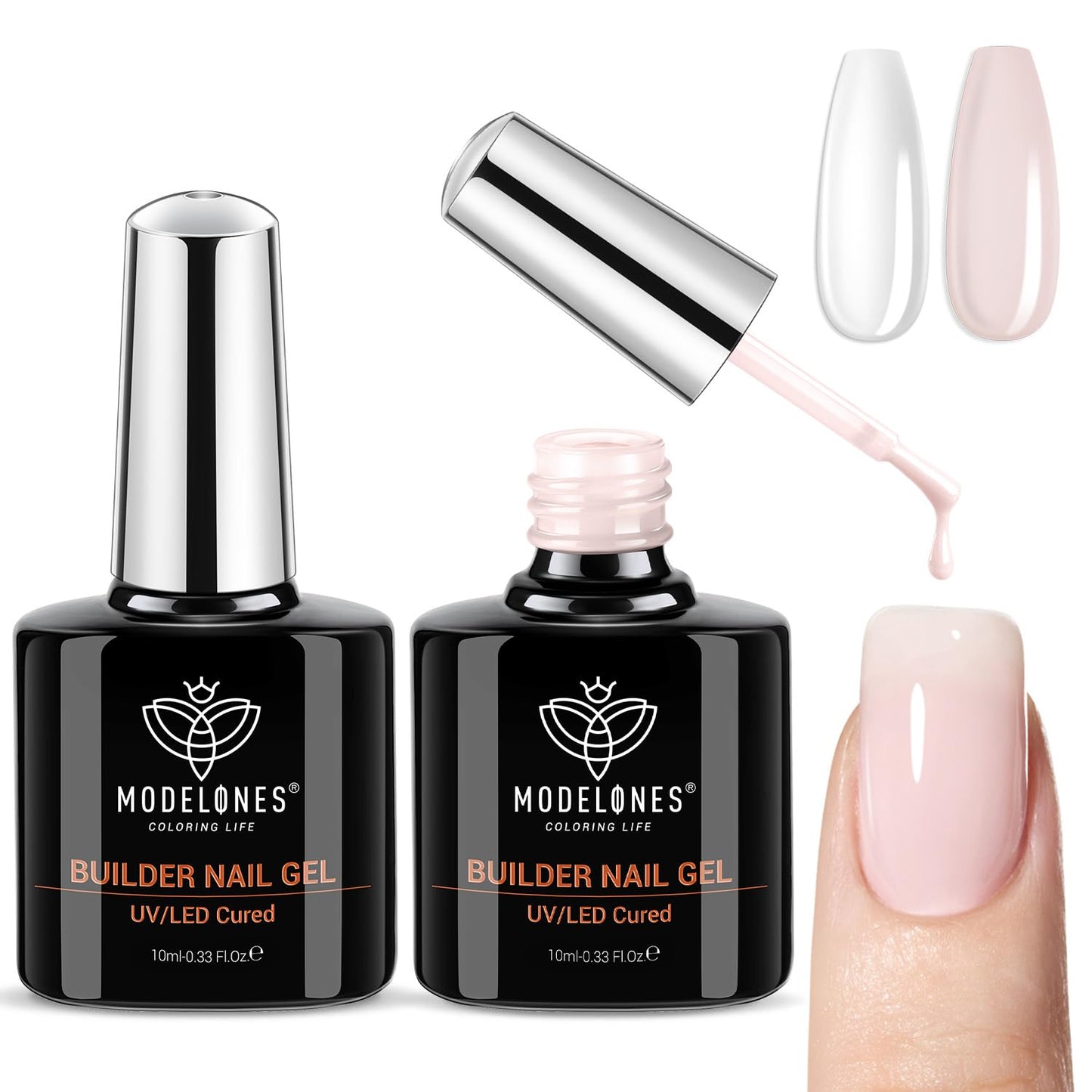 Modelones Builder Rubber Gel Base Coat - Nude Pink Glitter Nail Polish for Strengthening and Apex Building | Long-Lasting UV Manicure