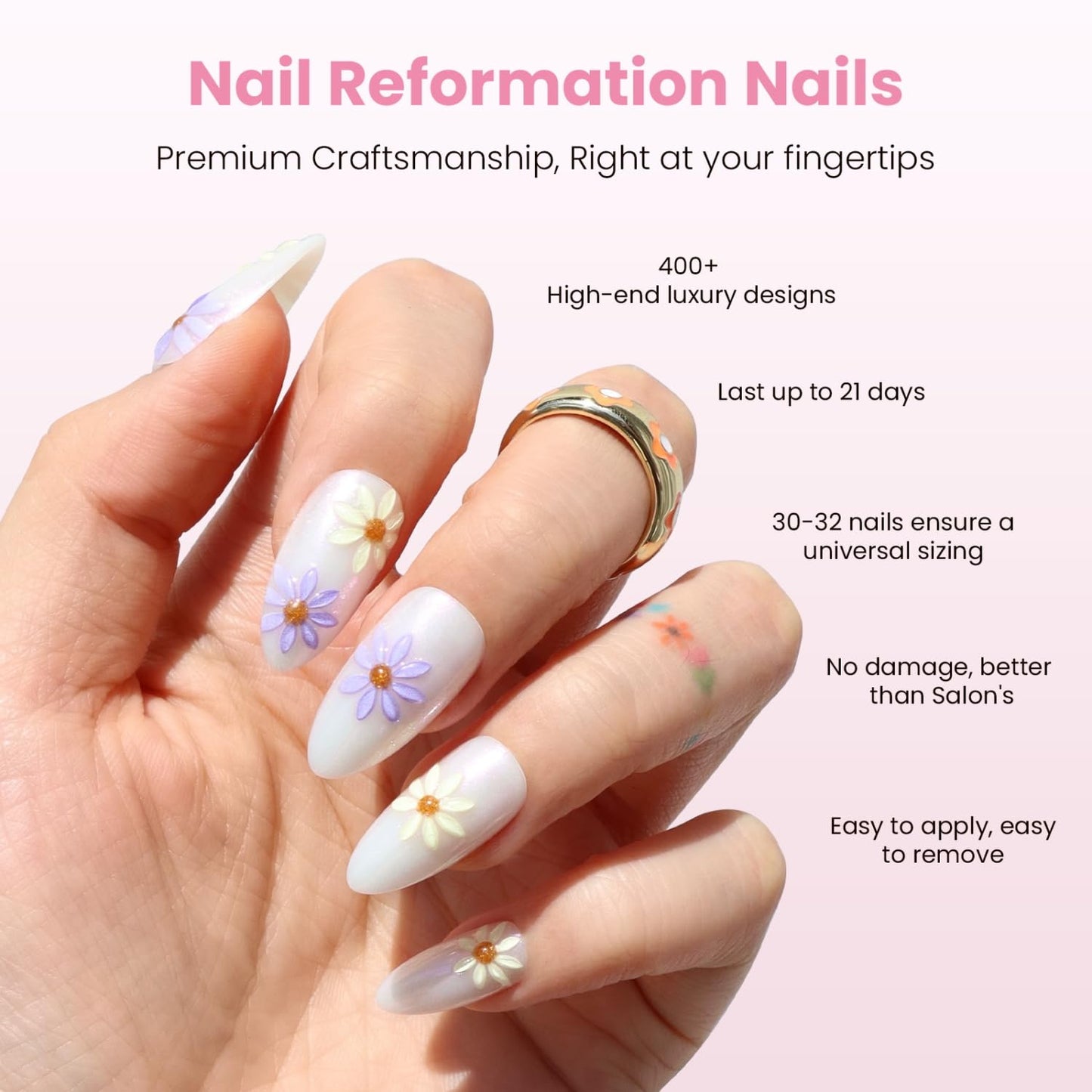 Nail Reformation Press On Nails, Silver Thistle | 3D Floral Medium Almond Fake Nails in Lavender & Gold Shimmer in Glossy Finish, Reusable Stick On Nails in 15 Sizes - 30 Nail Kit for Women Gifts