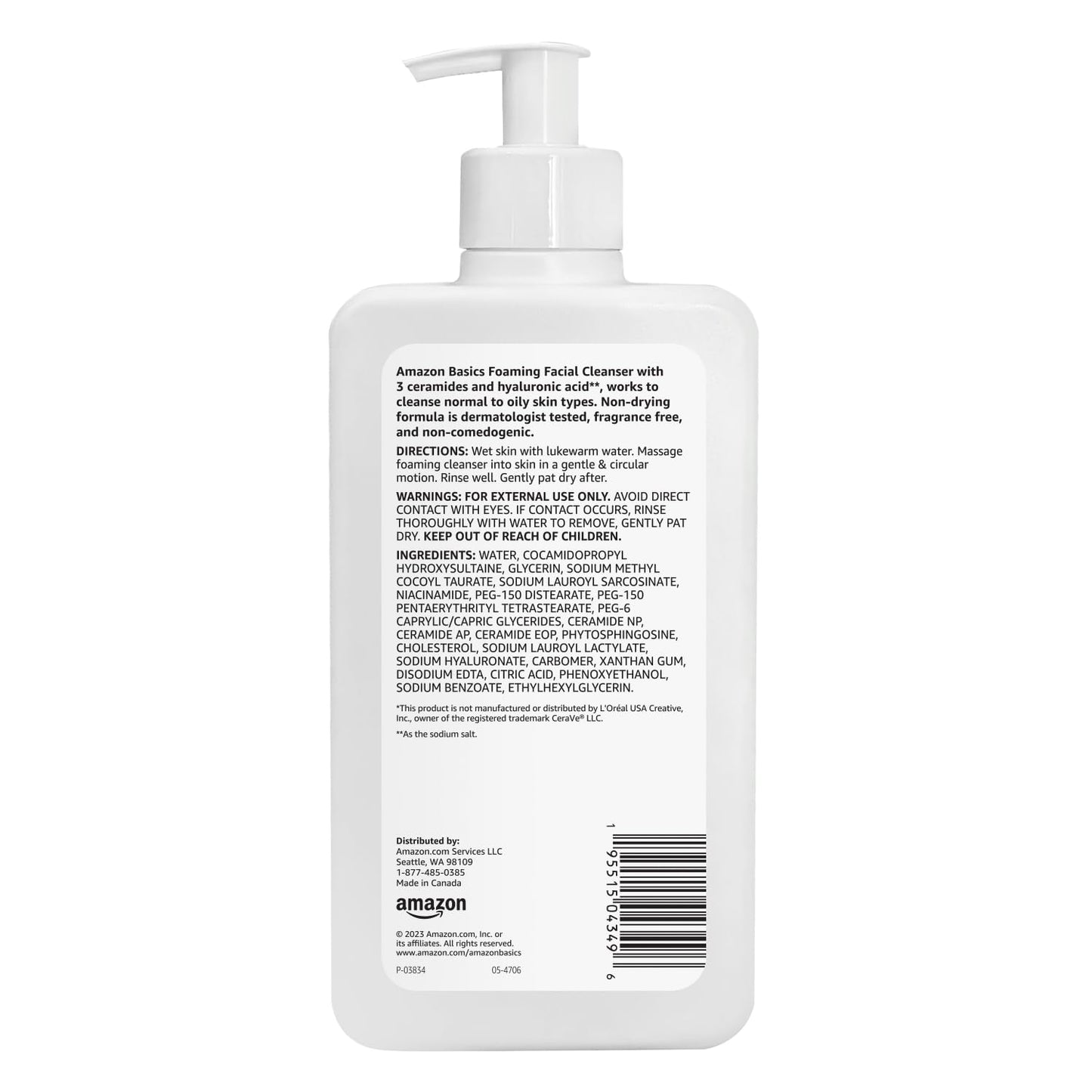 Foaming Facial Cleanser with Ceramides & Hyaluronic Acid - Gentle Daily Face Wash, 12 fl oz | Non-Comedogenic, Fragrance-Free