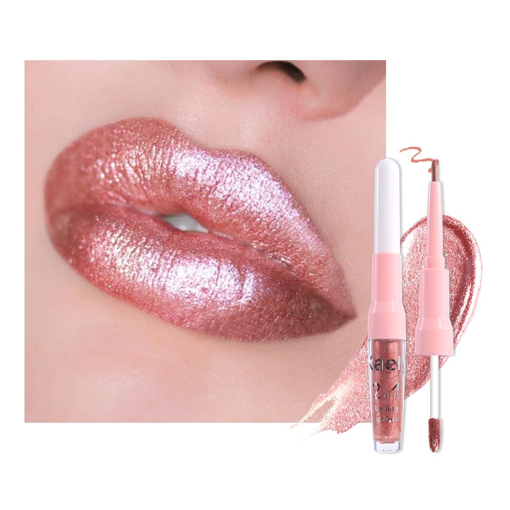 Dark Purple Red Metallic Glitter Lip Liner & Lipstick Combo - Long Lasting Waterproof Liquid Lipstick Set for Women | Iridescent Shine, Non-Stick Cup