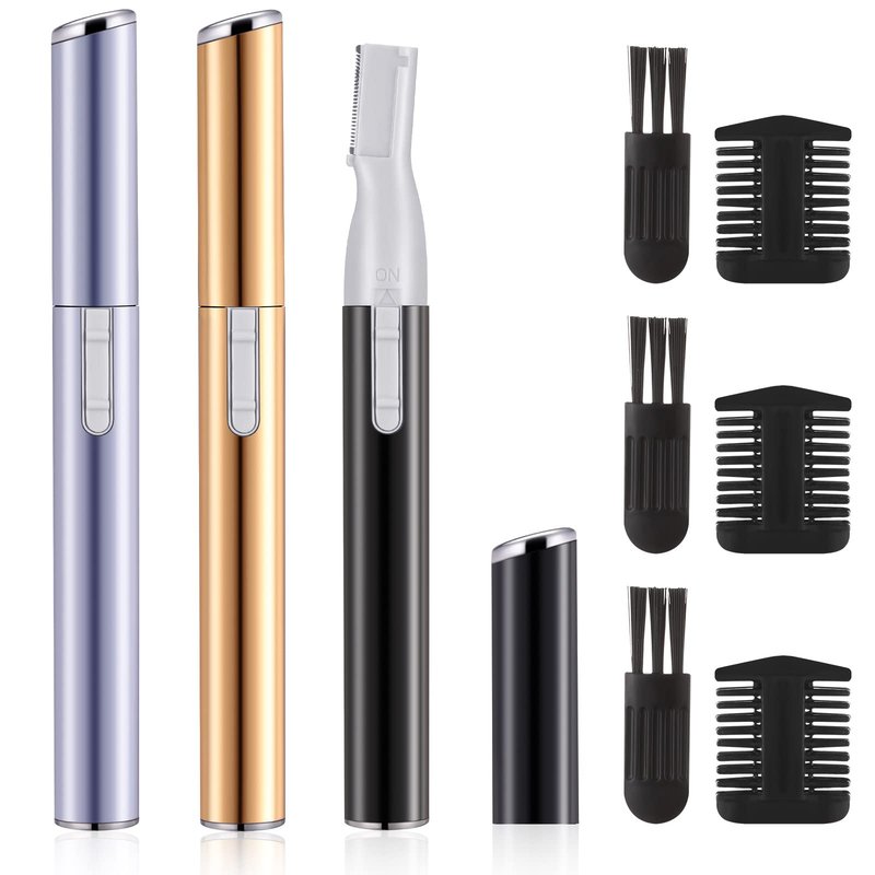 Landhoow 3 Pcs Electric Eyebrow Trimmer Women Facial Hair Remover Mini Precision Shaver with Adjustable Comb and Brush Women Gift Battery Operated for Face Neck Fuzz Lips Leg(Gold, Purple, Black)