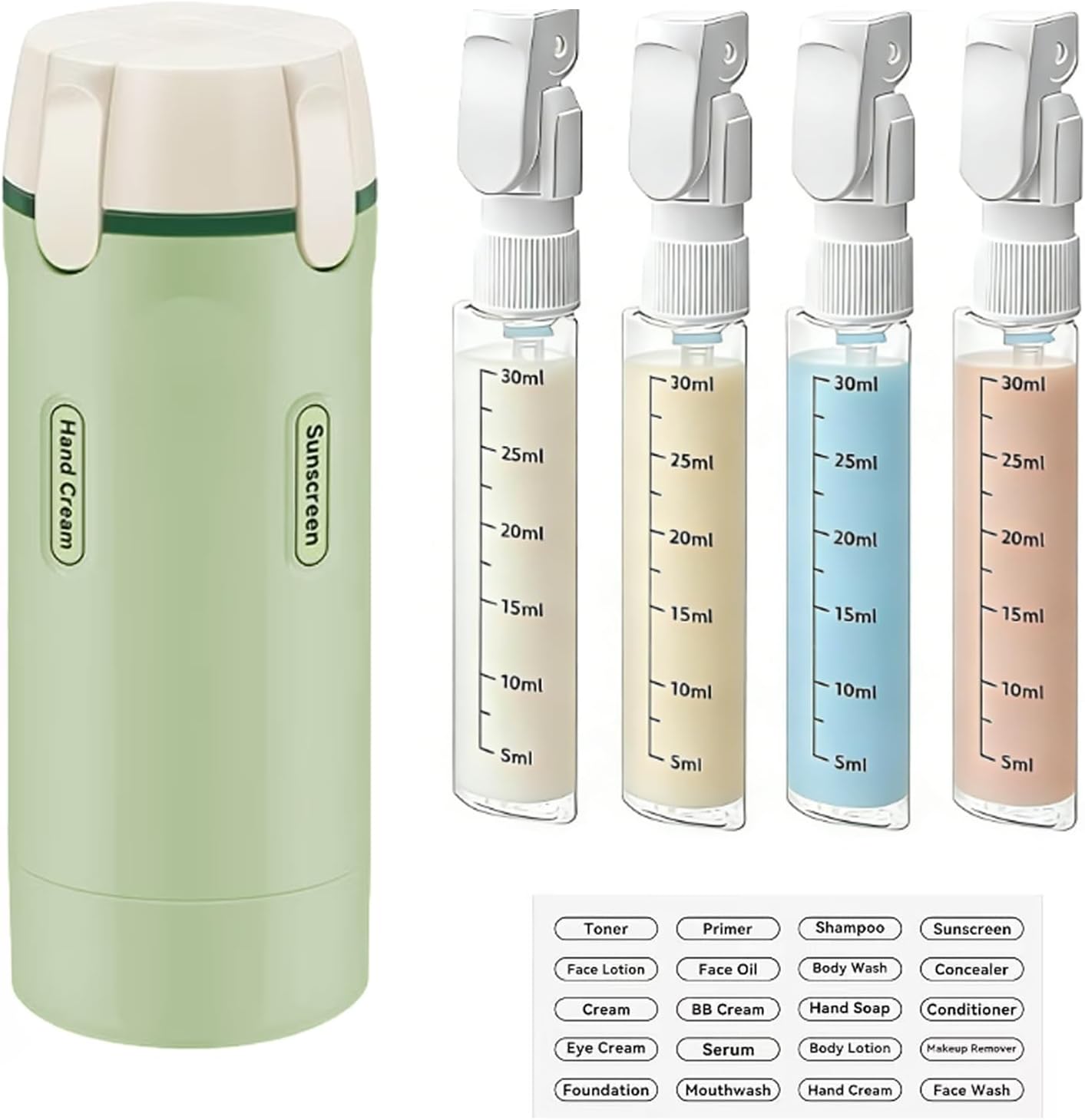 Travel Dispenser Bottle - 4-in-1 Leakproof Toiletry Set | TSA Approved 30ml Pump Bottles & Labels