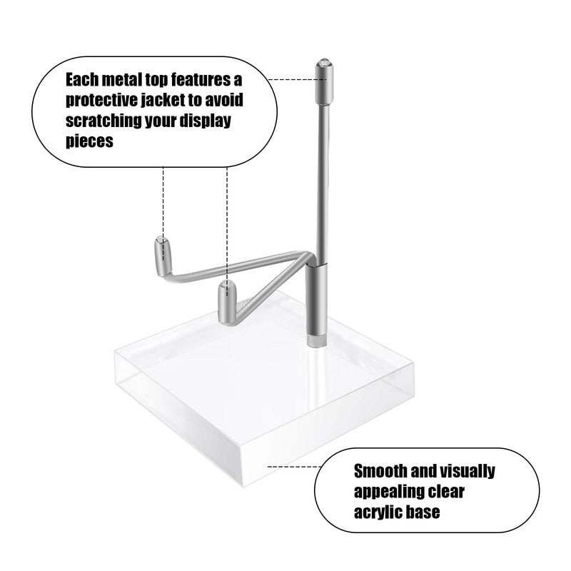LECEHIVO 20 Pcs Adjustable Metal Arm Display Stand with Acrylic Base Silver Easel Rock Decorative Plate Holder for Picture Book Mineral Geodes Agate Coral Collection