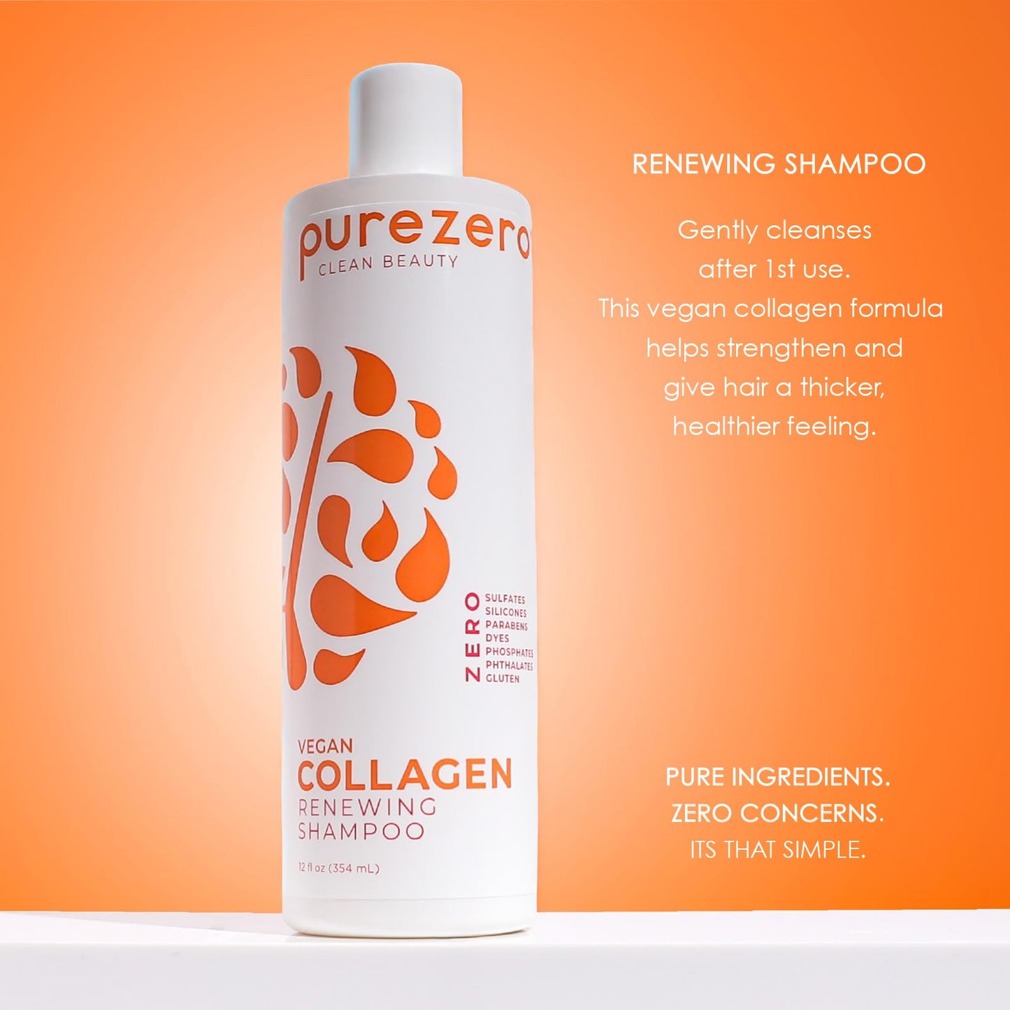 Purezero Collagen Silicone Free Shampoo & Conditioner Set - Strengthening & Hydrating - Duo for Dry or Damaged Hair – Plant-Based Collagen, Sulfate-Free, Paraben-Free, Cruelty-Free, 2 × 12 oz