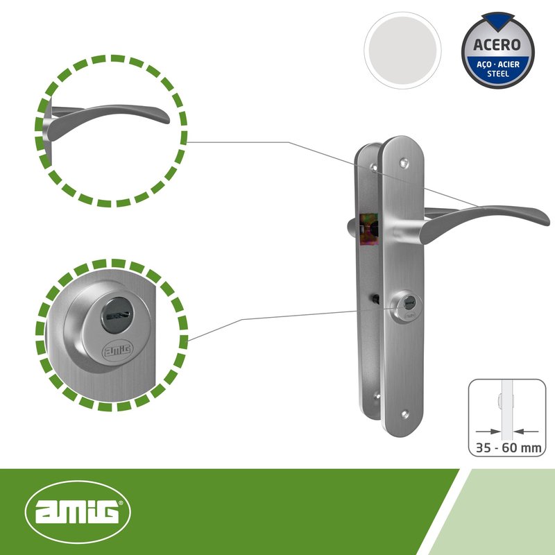 Amig - ISHI Model 46 Door Handle | Brushed Nickel Finish Steel | for Left Doors | 240 x 45mm | Includes 3 Keys | Ideal for Interior Spaces Requiring Privacy