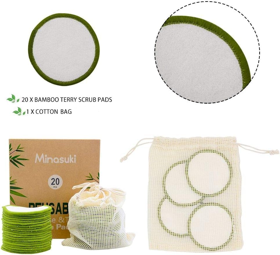 Reusable Makeup Remover Pads - 20 Pack Bamboo Cotton Rounds for All Skin Types | Washable with Cotton Bag