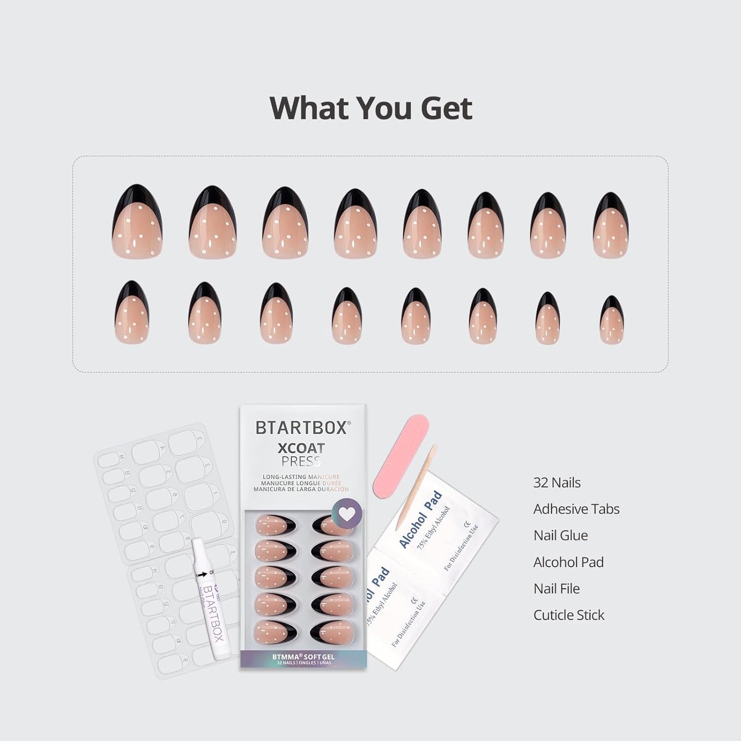Press On Nails - Almond Black French Tip Soft Gel Nails | 32 Stick-On Nails Kit with Glue & Adhesive Tabs, 16 Sizes Available