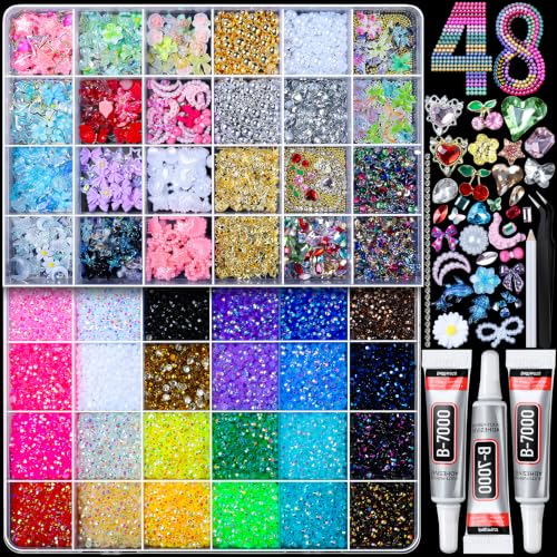 FANDAMEI 48-Grid Rhinestone & 3D Nail Charm Kit with Bedazzling Tools