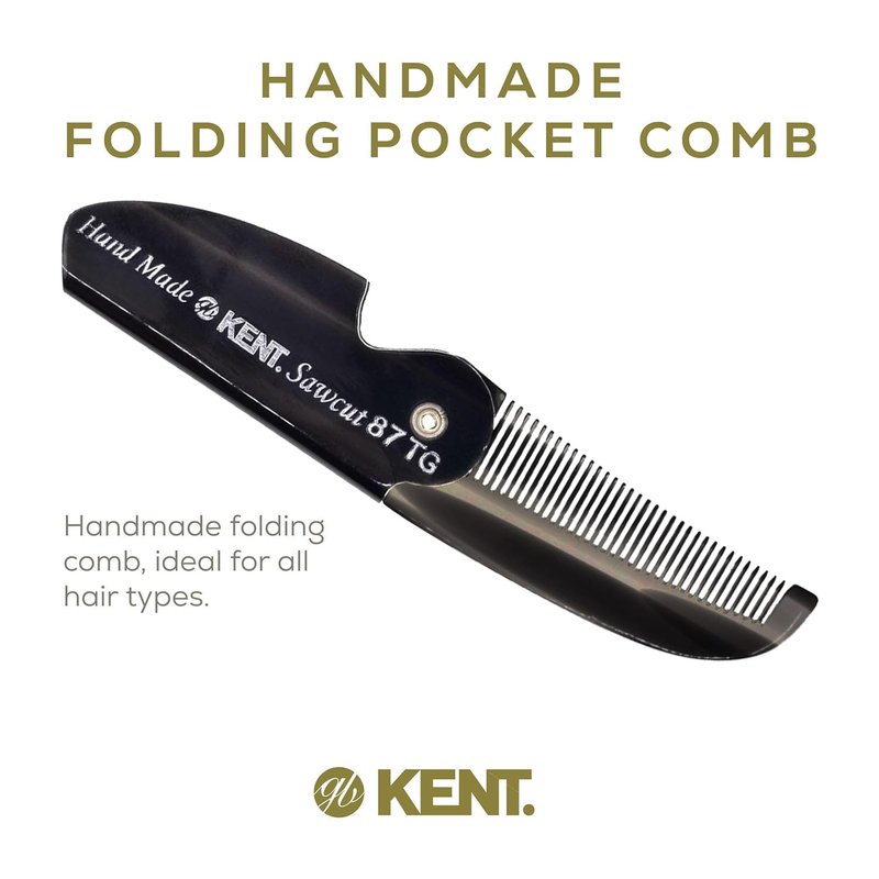Kent 87T TW Handmade Folding Pocket Comb for Men, Fine Tooth Hair Comb Straightener for Everyday Grooming Styling Hair, Beard or Mustache, Use Dry or with Balms, Saw Cut Hand Polished, Made in England