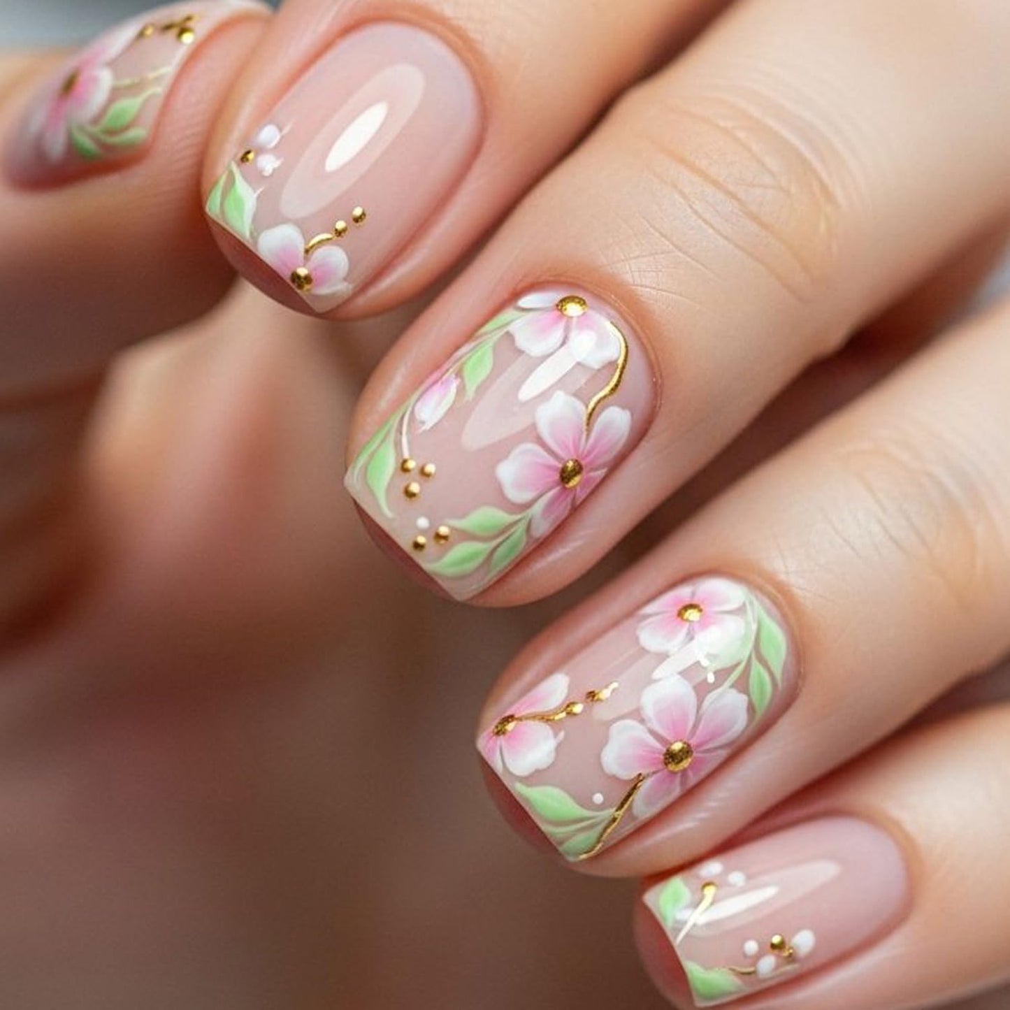 Summer Press-On Nails - Short Square Fake Nails with Sunset Coconut Trees Design | 24 Pcs Glossy Blue French Tips, Reusable Manicure