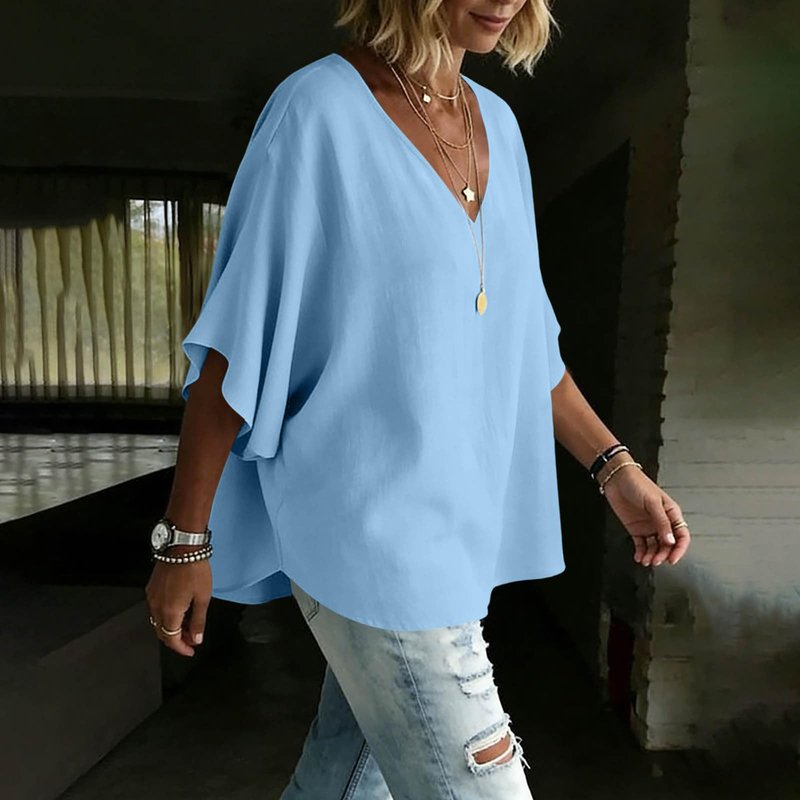Summer Tops for Women Cotton Linen Petal Short Sleeve Blouse Loose Fit V Neck Casual Flowy Shirt Beach Vacation Tees
