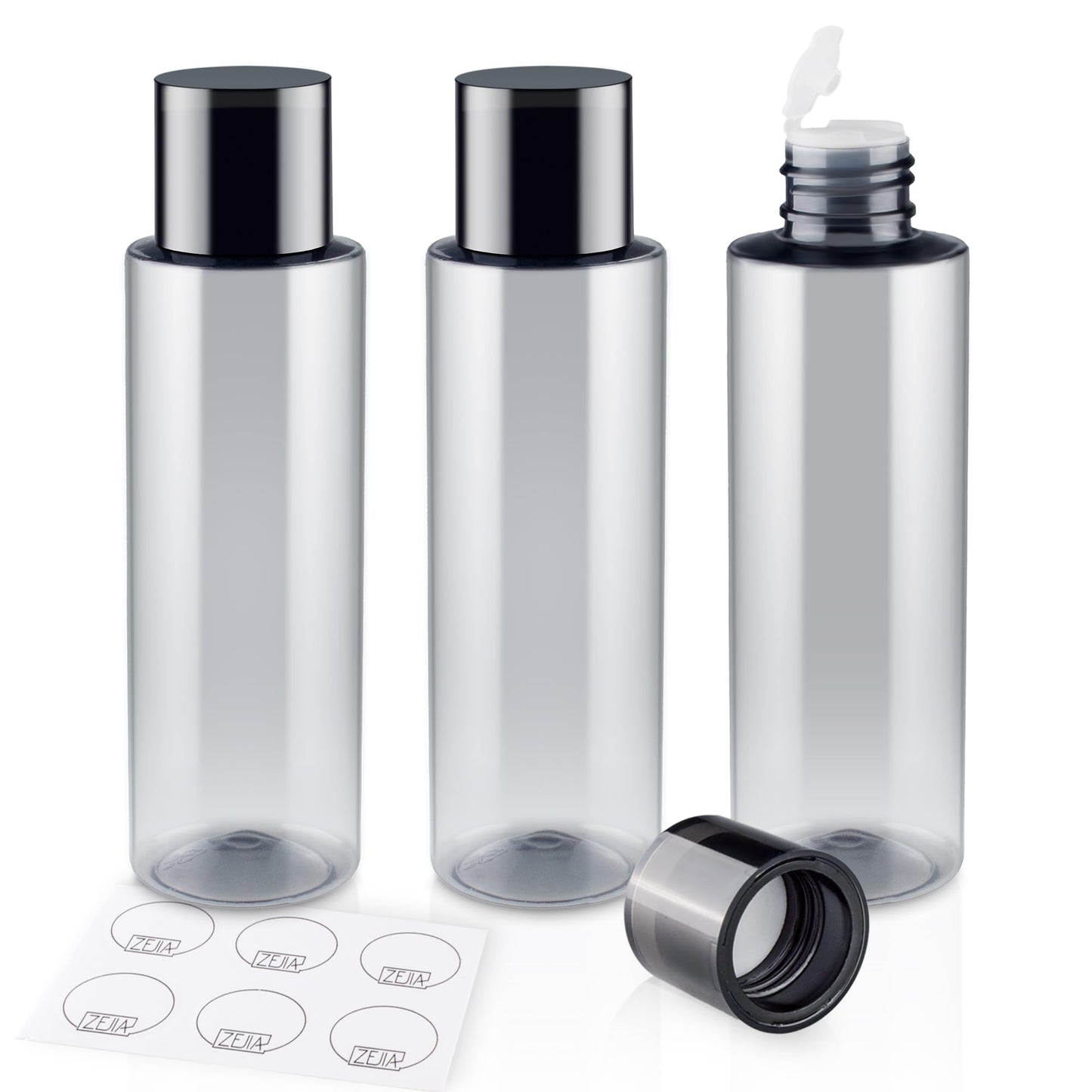 ZEJIA 150ML/5OZ Travel Size Toiletries, 3 Pack Travel Size Containers, Leak Proof Plastic Bottles for Shampoo, Lotion, Body Wash with 6pcs Labels