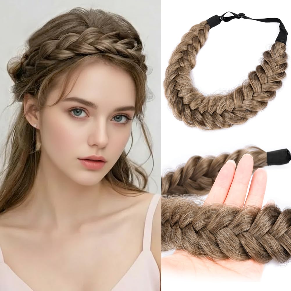 Messy Wide 2-Strand Synthetic Hair Braided Headband - Chocolate Toast | Stylish Hairpiece for Women & Girls