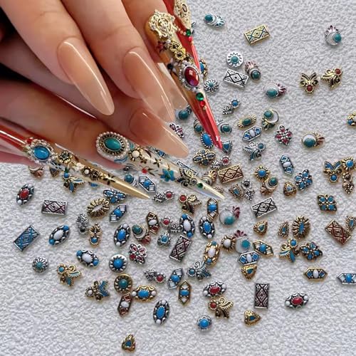 20Pcs Western Nail Charms Retro Metal Turquoise Art Rhinestones 3D