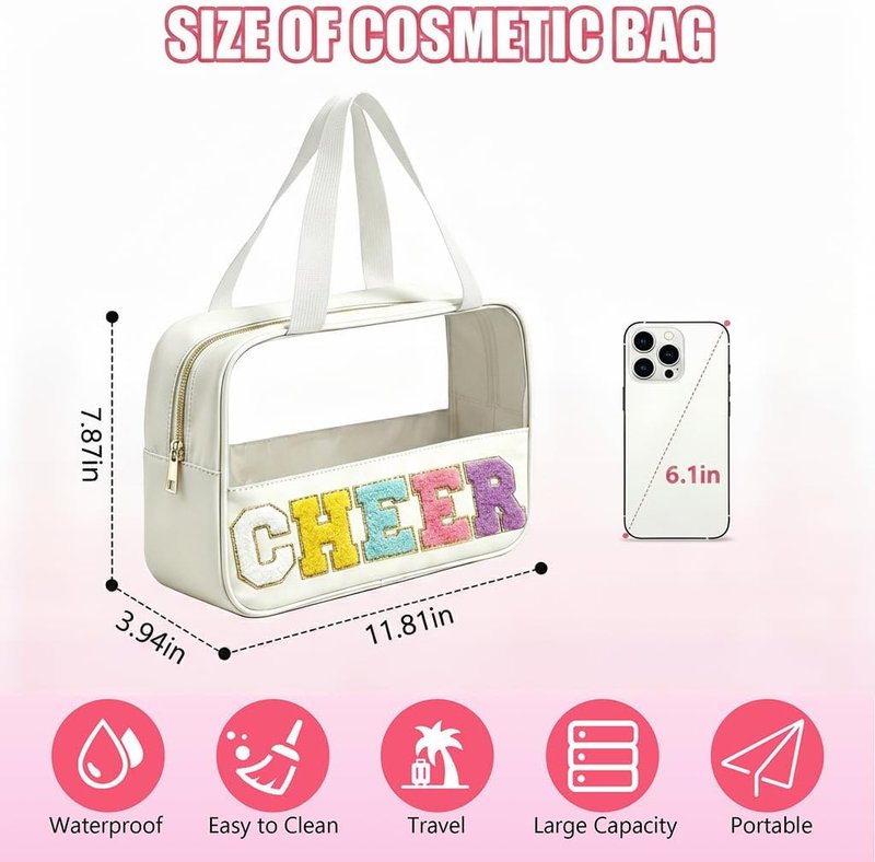 Cheer Makeup Bag - Clear Chenille Letter Patch Cosmetic Organizer | Waterproof Travel Toiletry Bag for Girls & Women