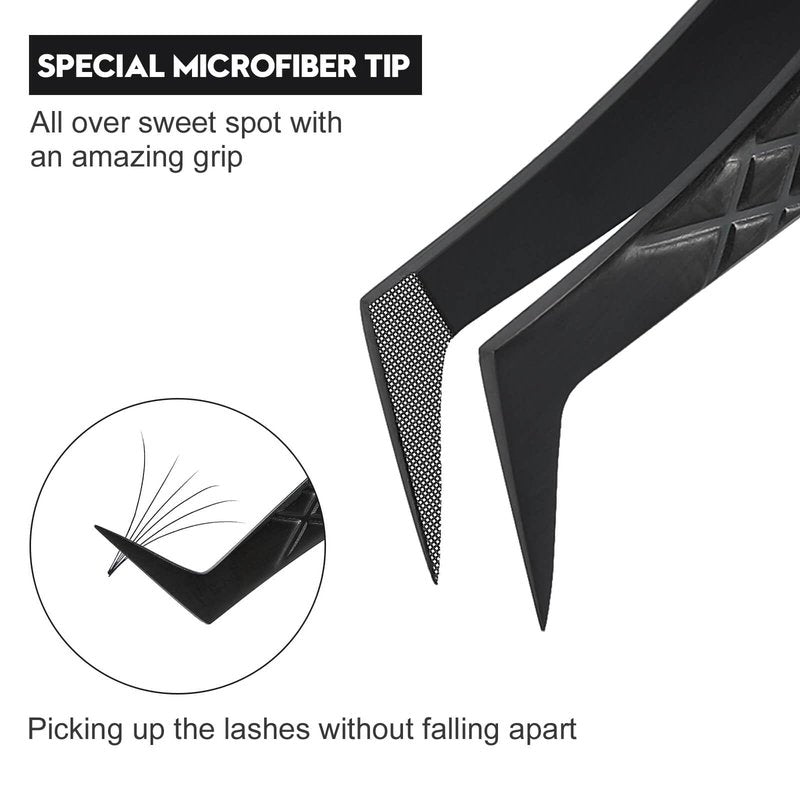 Ms.Queen Fiber Tip Lash Tweezers, Precise Diamond Grip L-Shape Boot Volume Eyelash Extension Tweezers,Black