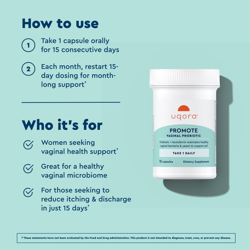 Uqora Promote - Support Vaginal Health* - Probiotic for Women with Lactoferrin, Lactobacillus Acidophilus & Lacticaseibacillus Rhamnosus - Vaginal Probiotics - Gluten-Free - 30 Capsules (2 Pack)