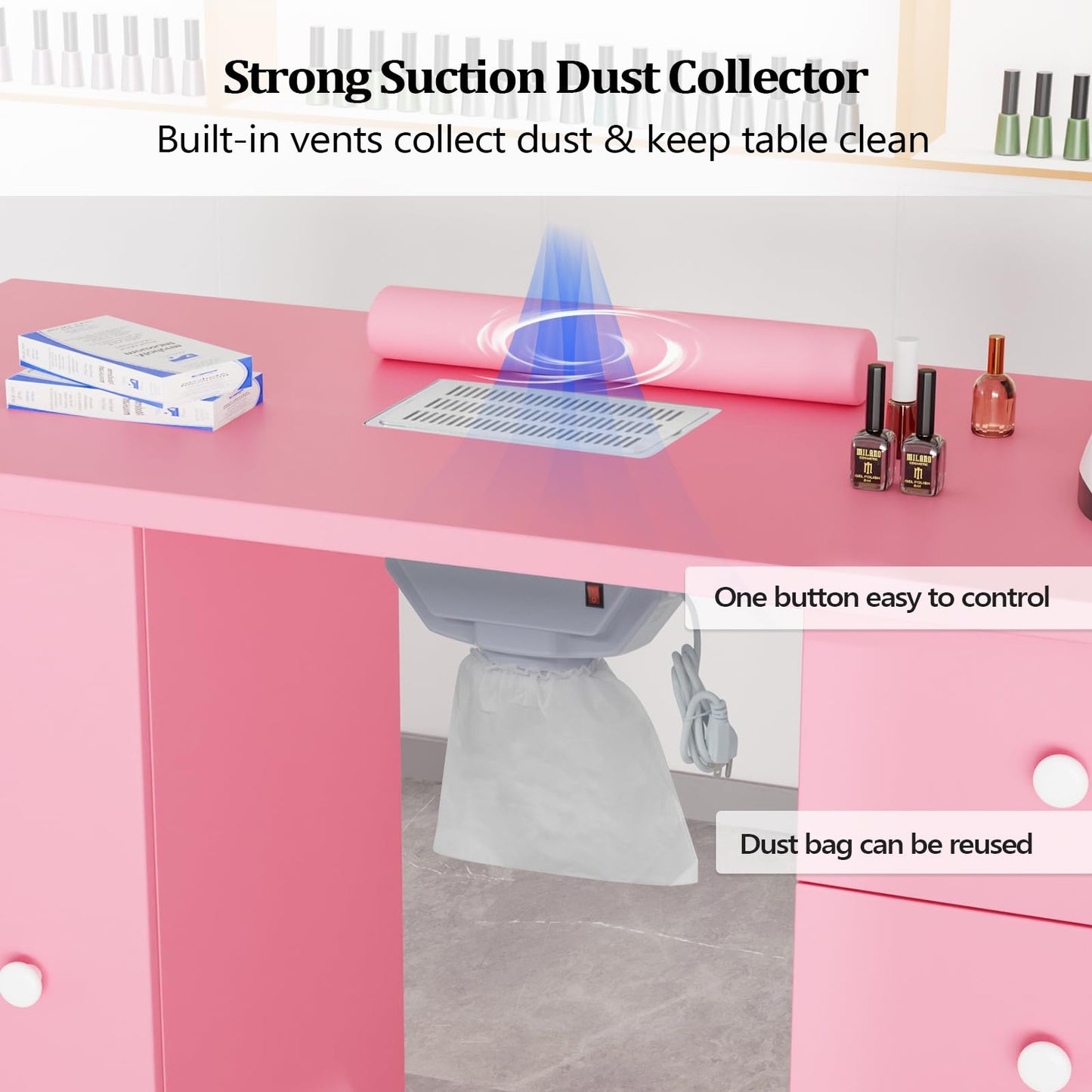 OmySalon Manicure Table Nail Desk for Nail Tech, Nail Table Beauty Salon Tech Station w/Electric Downdraft Vent, Lockable Wheels,Wrist Cushion,Storage Drawers