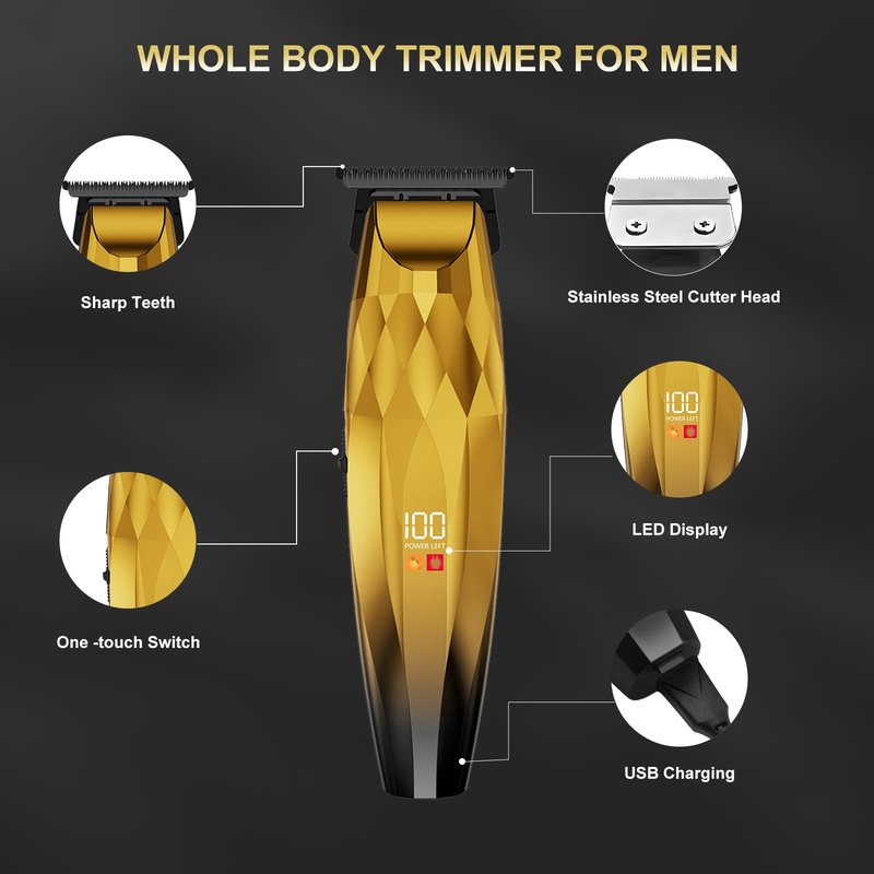 2-in-1 Professional Hair Clippers Set,Cordless Hair Clippers and T-Blade Trimmer Kit for Men,LCD Display,USB Rechargeable,Adjustable Guards,Waterproof,Beard & Body Grooming Kit (Gold)