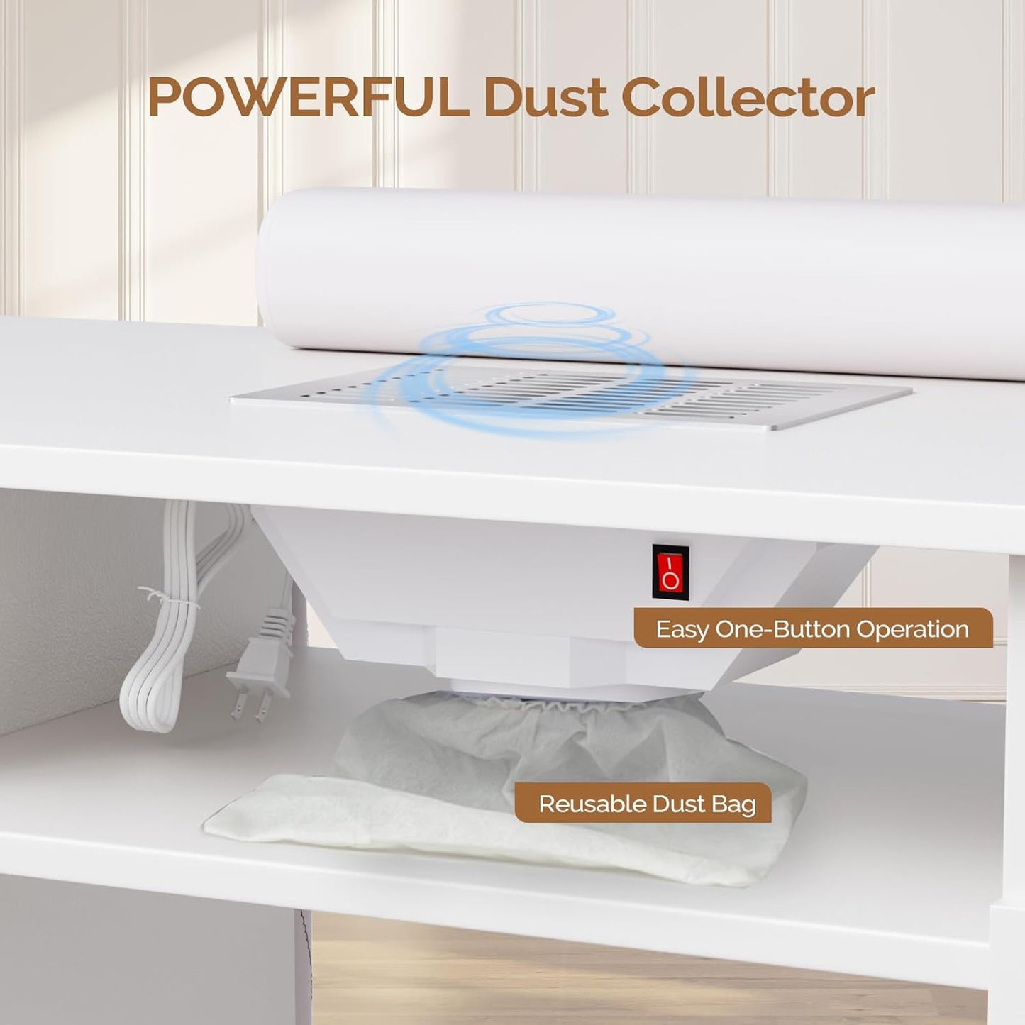 OmySalon Manicure Table - Nail Desk with Dust Collector & Storage | Acetone Resistant, White
