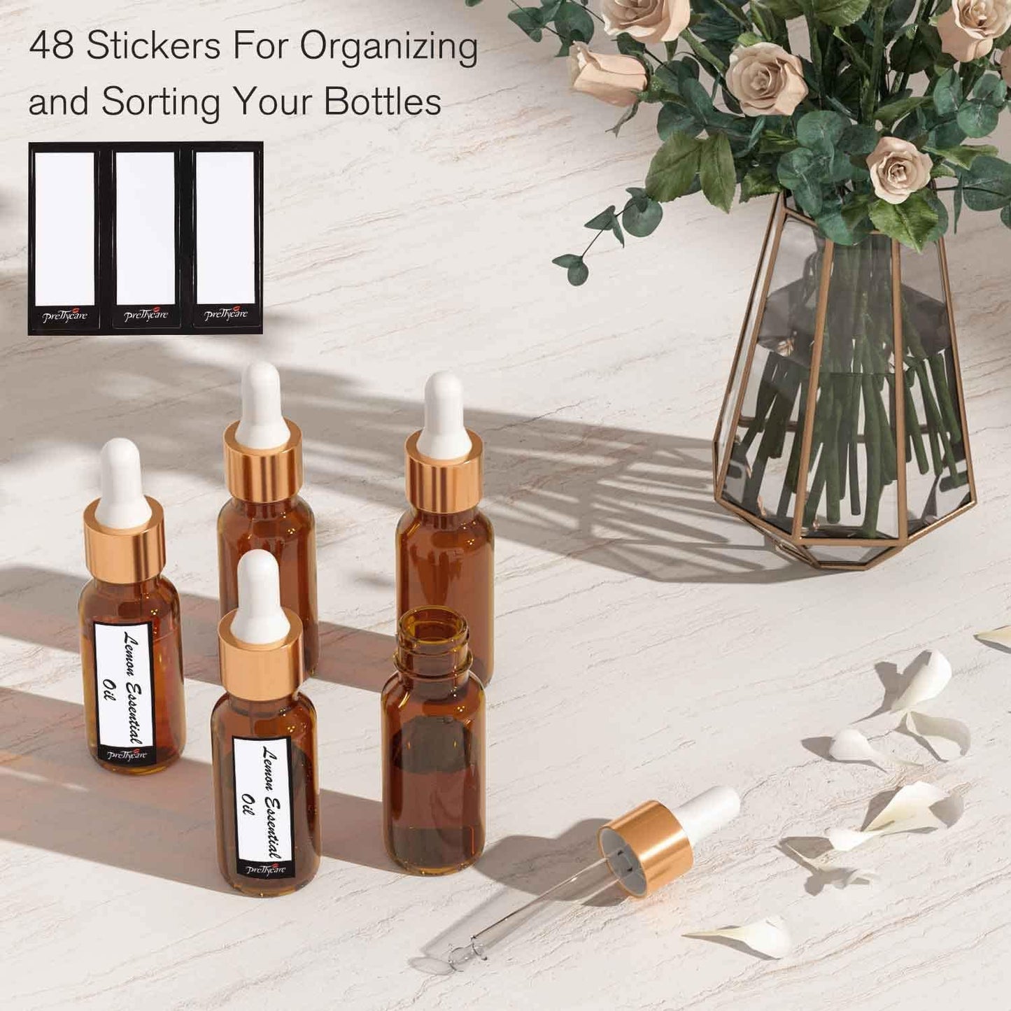 Glass Eye Dropper Bottles - 24 Pack 0.5oz Amber Leakproof Bottles with Golden Caps | Perfect for Essential Oils, Tinctures, Travel