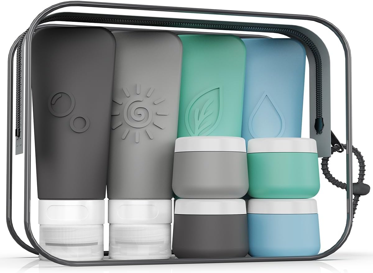 Silicone Travel Bottles Set - TSA Approved Leakproof Toiletry Kit with Easy-Squeeze Design | 16-Piece Waterproof Bag Included