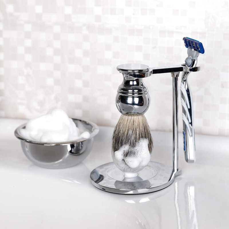 SANWA Deluxe Heavyweight Shaving Brush Razor Stand with Unbreakable Stainless Steel Shaving Bowl Set,Compatible with Gillette Fusion and Double Edge Safety Razor,Cartridge Razor