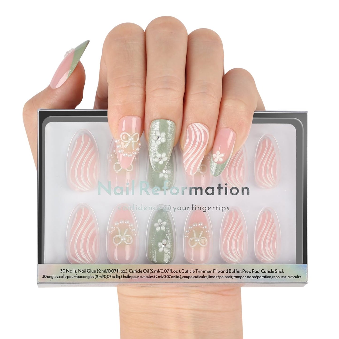 Fleur De Lace Press-On Nails - Short Almond Fake Nails with Lace French Tip & Floral Design | 16 Sizes, Reusable 32 Nail Kit