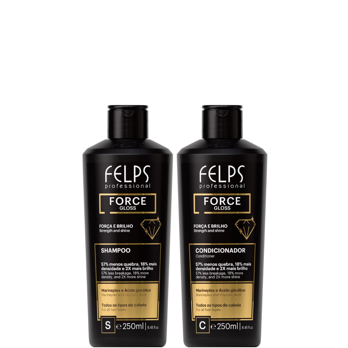 Kit Felps Professional Force Gloss Hair Care Set, Strengthening Shampoo and Conditioner with Marineplex and Glycolic Acid, Black, 250ml, 2-Pack