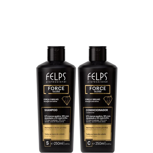 Kit Felps Professional Force Gloss Hair Care Set, Strengthening Shampoo and Conditioner with Marineplex and Glycolic Acid, Black, 250ml, 2-Pack