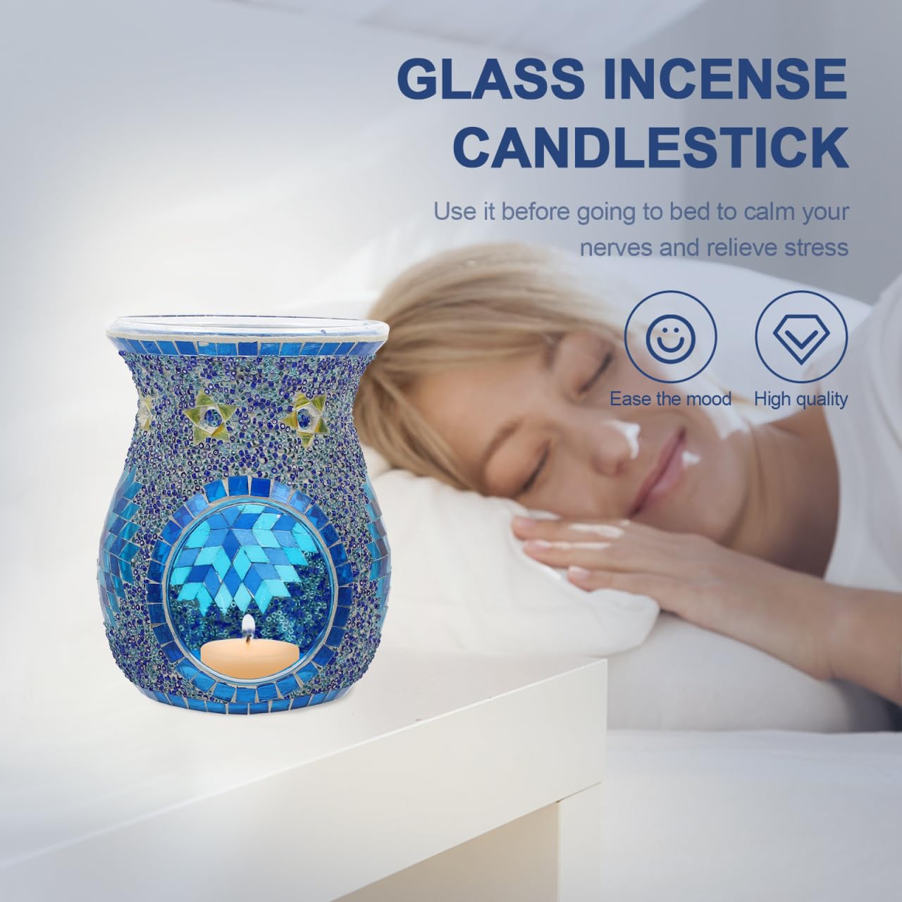 Uonlytech Mosaic Glass Oil Burner Bohemian Fragrance Oil Burner Tealights Wax Melt Stove Holder for Gifts Home Decoration Without Candle 10. 514. 2cm Blue