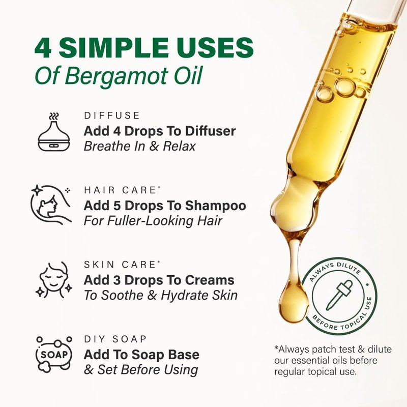 100% Pure Bergamot Oil - 4 Fl Oz Bergamot Essential Oil for Hair, Skin, Diffuser, Aromatherapy & DIY Soap Making Scent