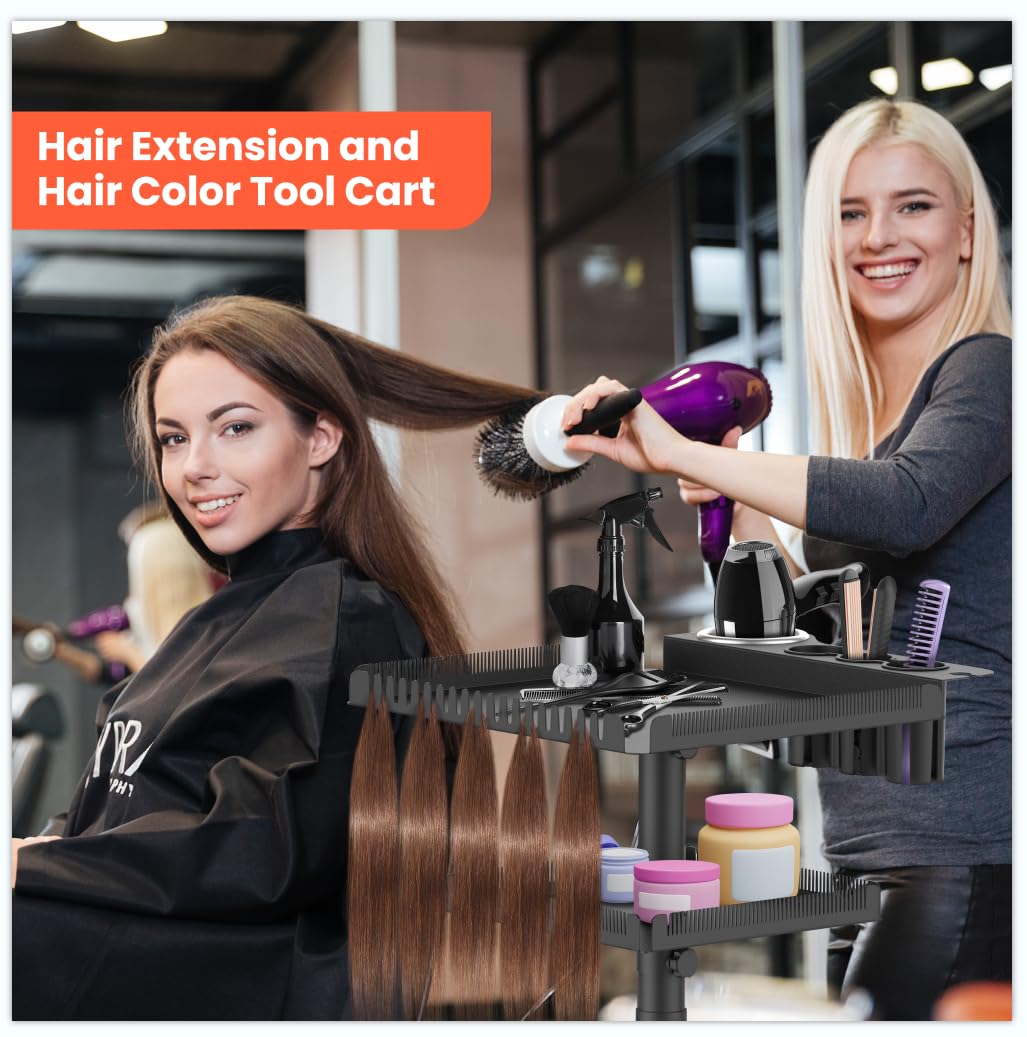 TASALON Professional Hair Extensions Organizer Cart Metal Salon Tray Cart with 2 Magnetic Bowls, Hair Dryer Holder, Adjustable Rolling Base, Black