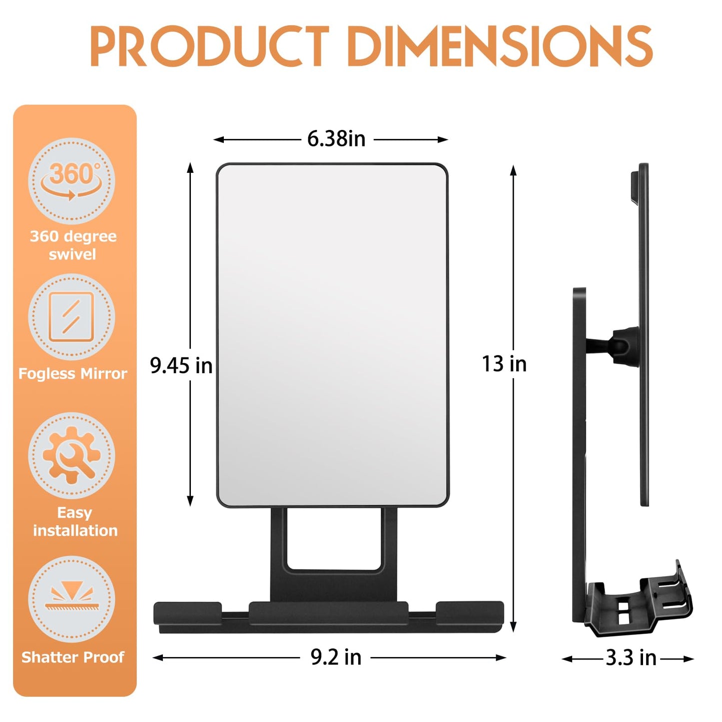 deweisn Fogless Shower Mirror, 360° Rotation Adjustable Shaving Mirror,Bathroom Shower Mirror with Multifunctional Storage Tray and Razor Holders