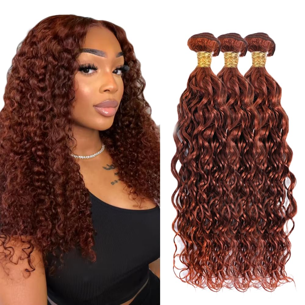 #33 Brown Bundles Human Hair Water Wave Bundles 30 32 34 Inch Light Brown Unprocessed Brazilian Virgin Hair 3 Bundles Deals Quick Weave Hair Extensions 50 Gram Per Bundle