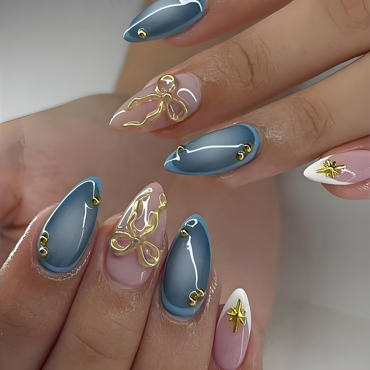 Red French Tip Press-On Nails - Almond Shape with 3D Crystal Designs | 24 Pcs Reusable Nail Kit for Manicure