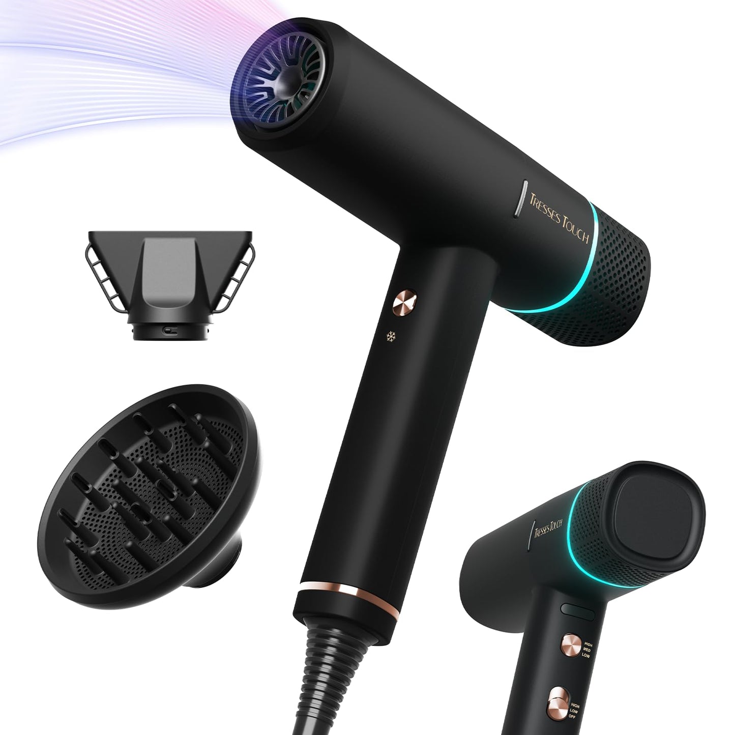 Hair Dryer with Diffuser Blow Dryer, High-Speed Ionic BlowDryer, Powerful 1600 Watt Motor for Fast Drying and Straight & Wavy Hair, Low Noise, Lightweight, Professional Hairdryer for Home Salon
